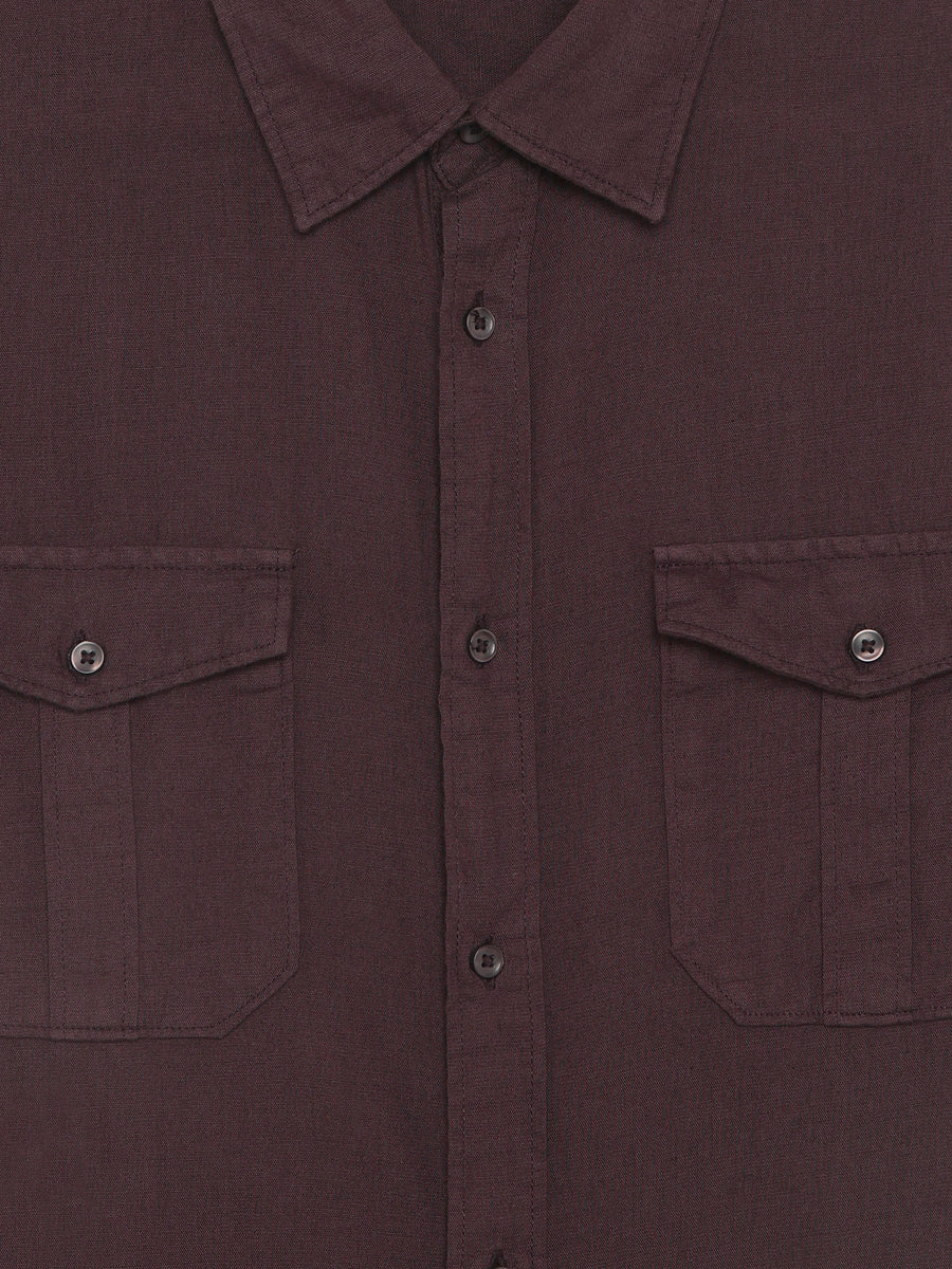Celio Solid Regular Fit Cotton Linen Blend Brown Shirts