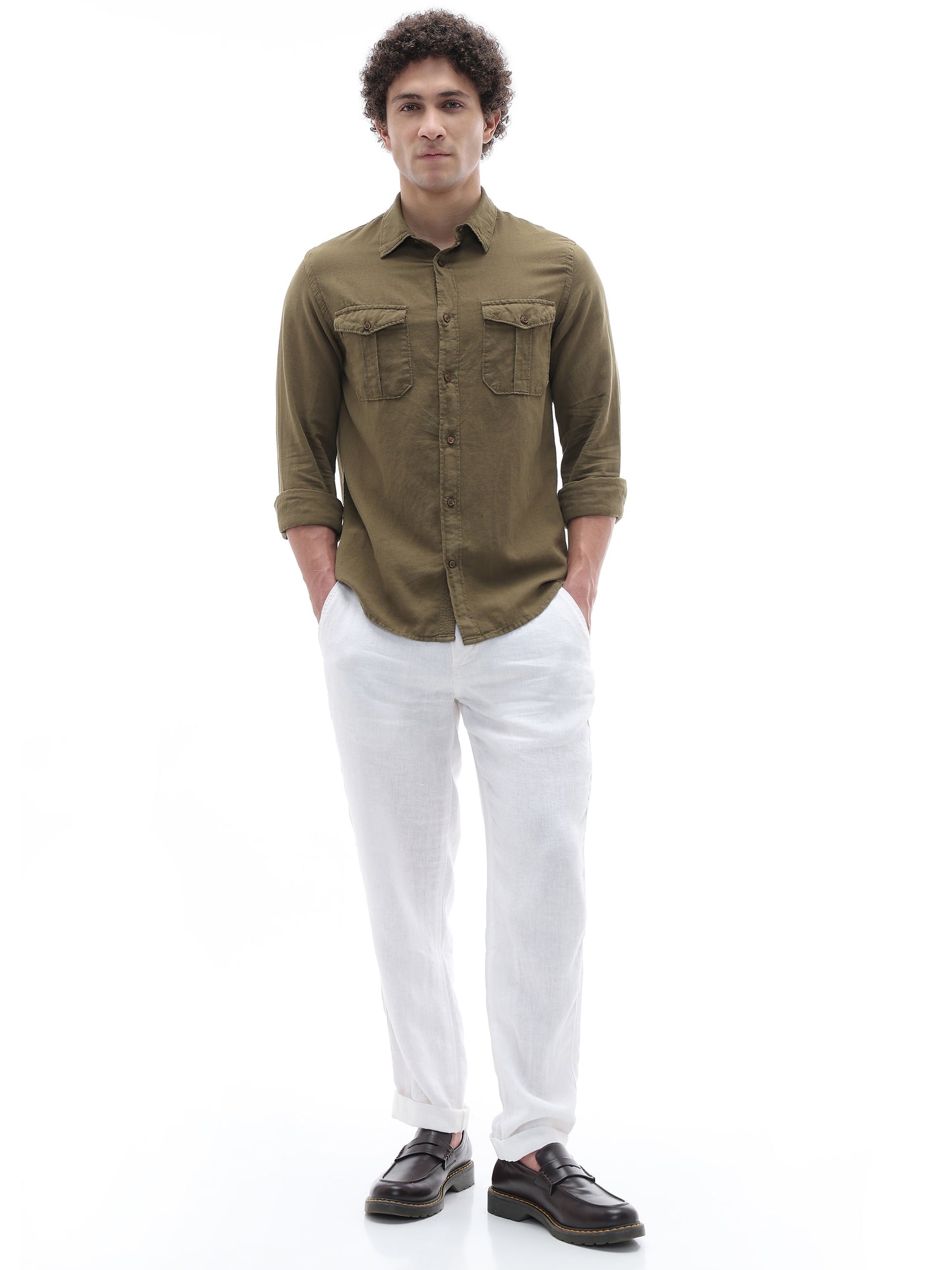 Celio Solid Regular Fit Cotton Linen Blend Olive Shirts