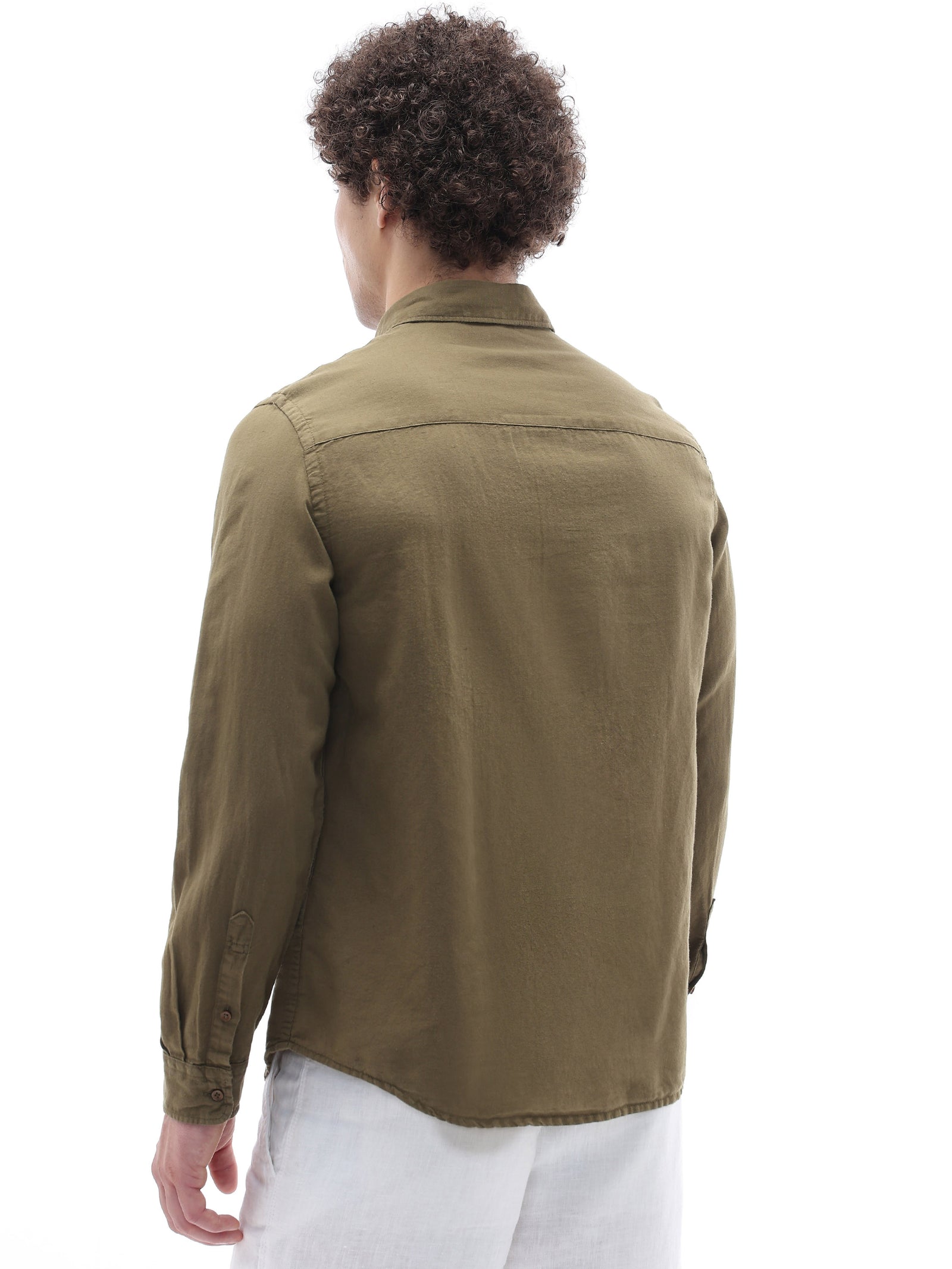 Celio Solid Regular Fit Cotton Linen Blend Olive Shirts