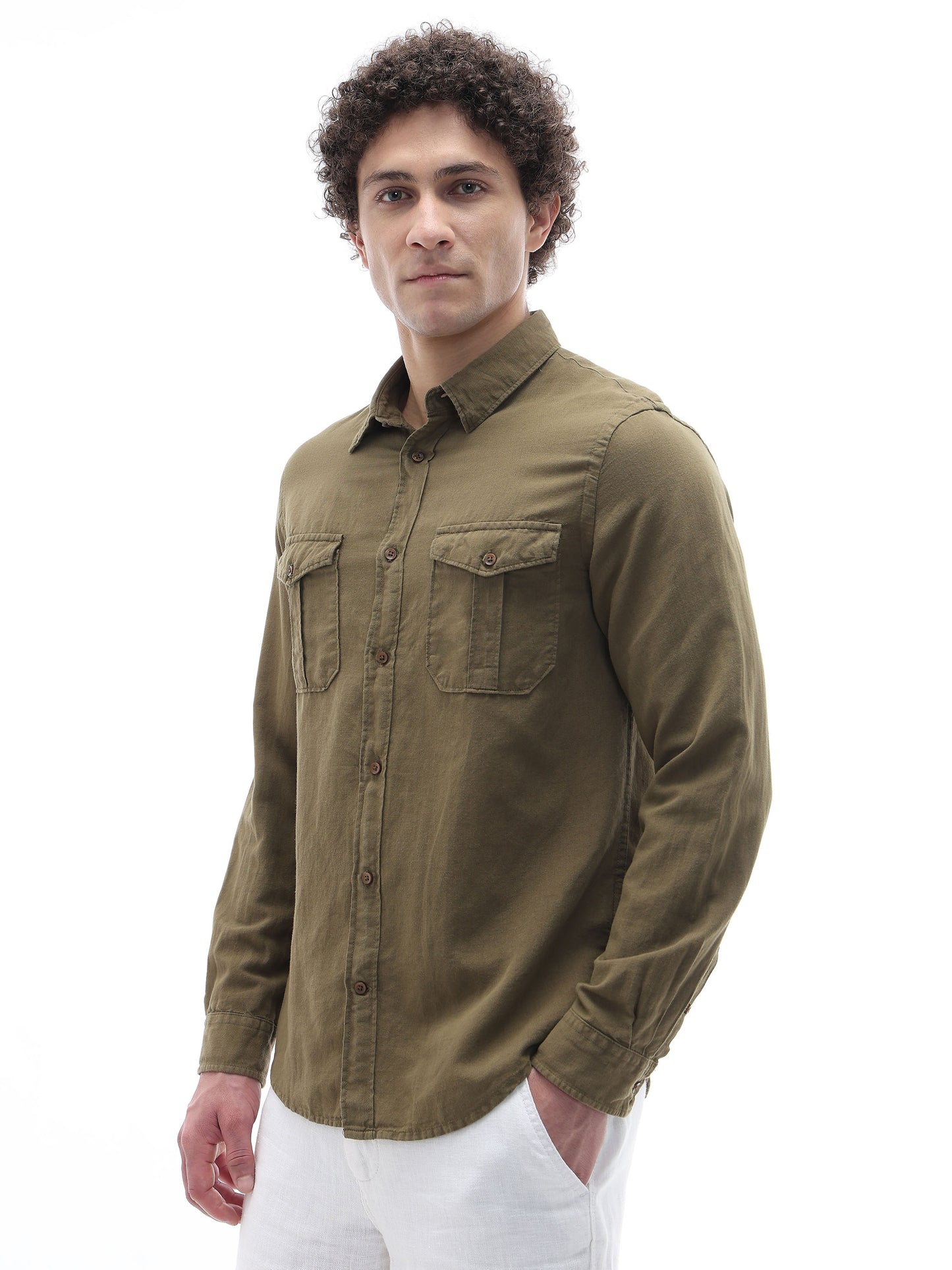 Celio Solid Regular Fit Cotton Linen Blend Olive Shirts