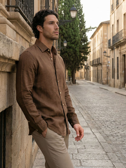 Celio Men Brown Solid Regular Fit Linen Shirt