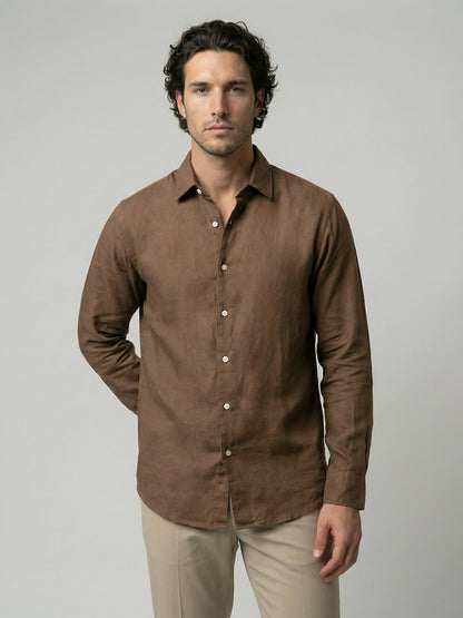 Celio Men Brown Solid Regular Fit Linen Shirt