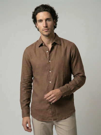 Celio Men Brown Solid Regular Fit Linen Shirt