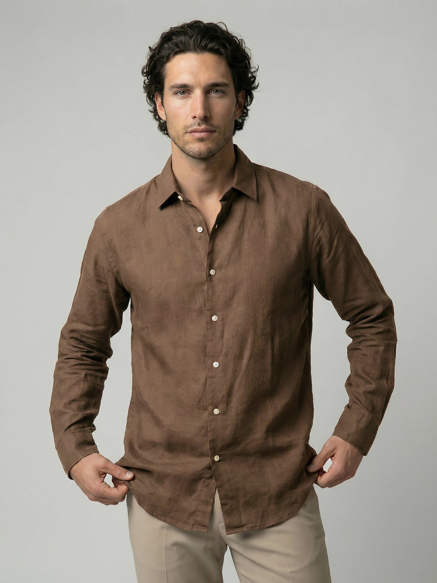 Celio Men Brown Solid Regular Fit Linen Shirt