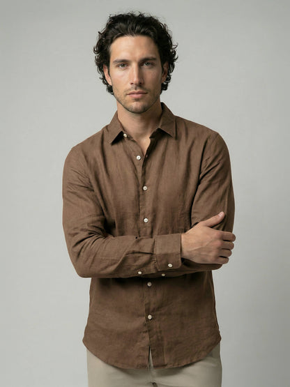 Celio Men Brown Solid Regular Fit Linen Shirt