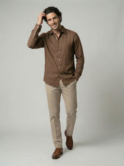 Celio Men Brown Solid Regular Fit Linen Shirt