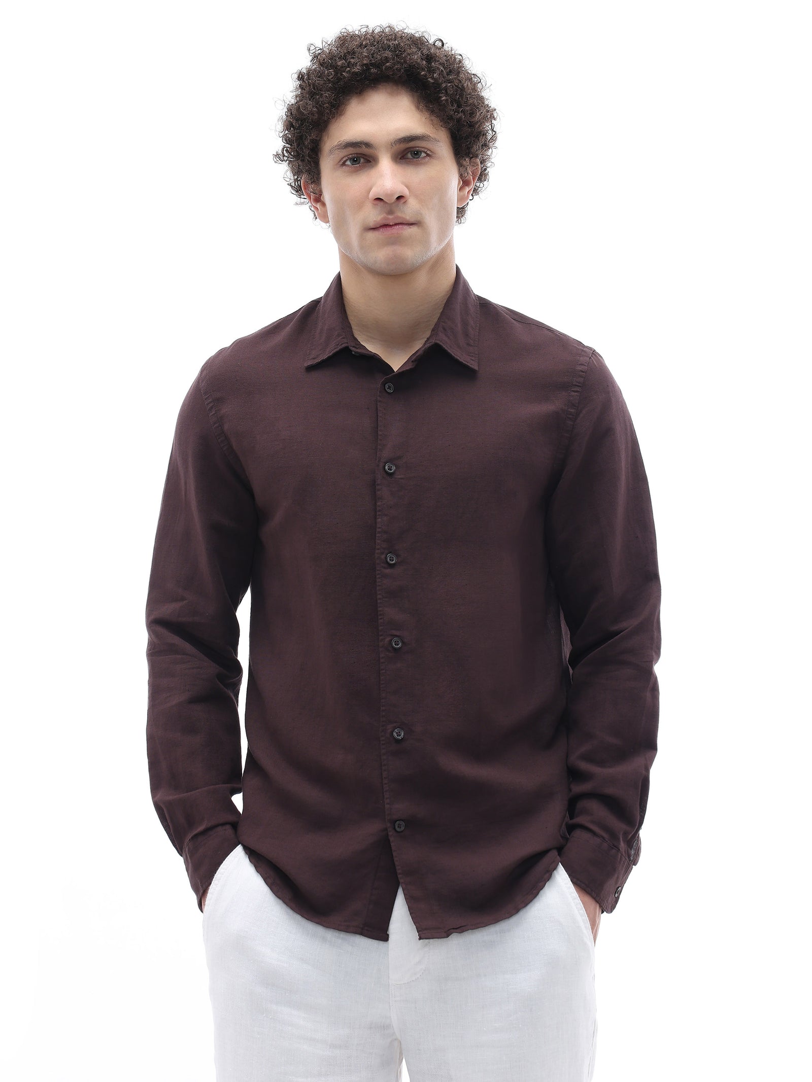 Celio Solid Regular Fit Cotton Linen Blend Brown Shirts