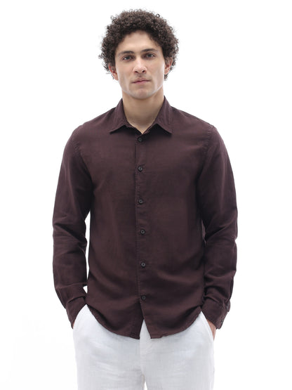 Celio Solid Regular Fit Cotton Linen Blend Brown Shirts