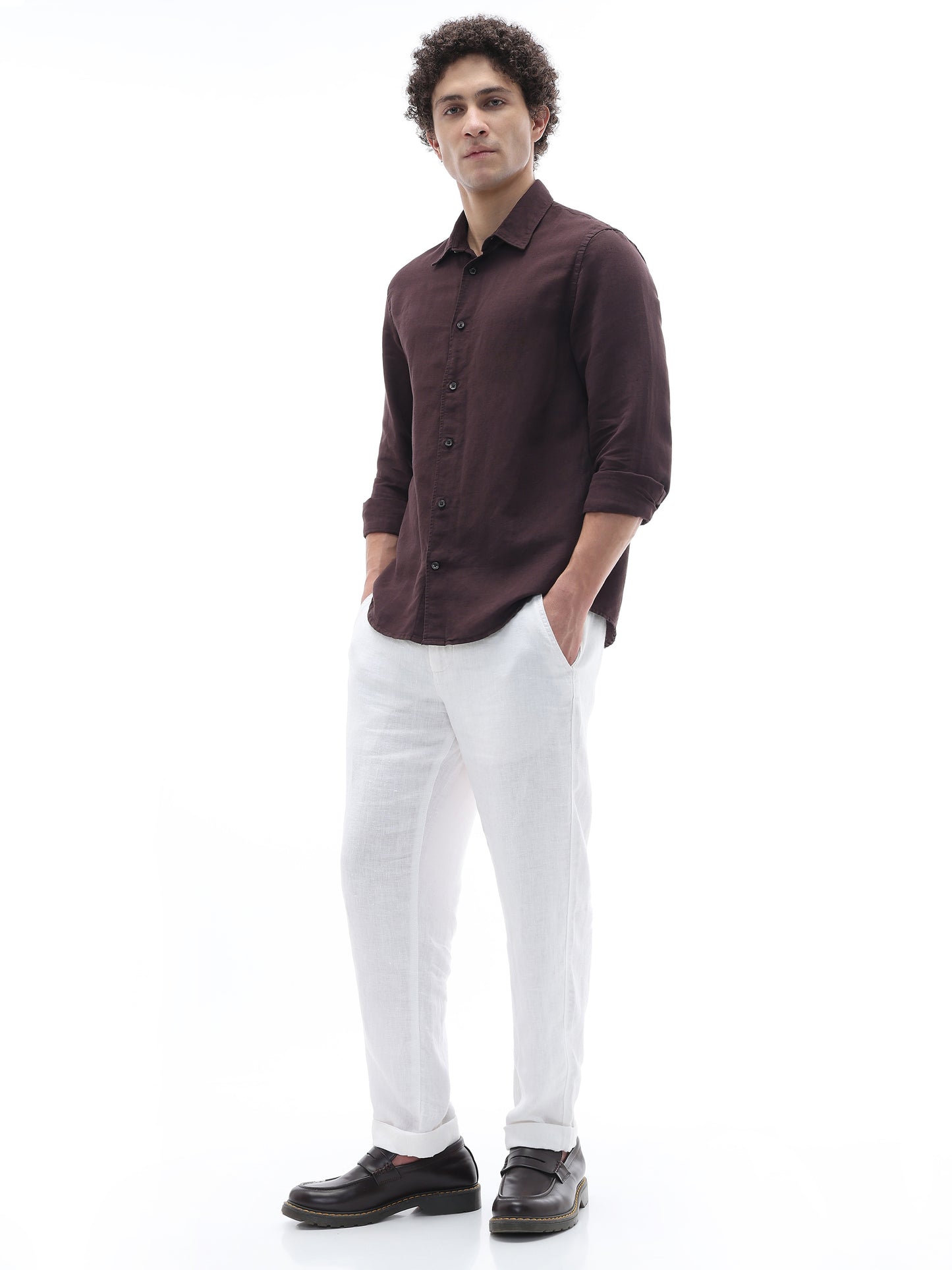 Celio Solid Regular Fit Cotton Linen Blend Brown Shirts