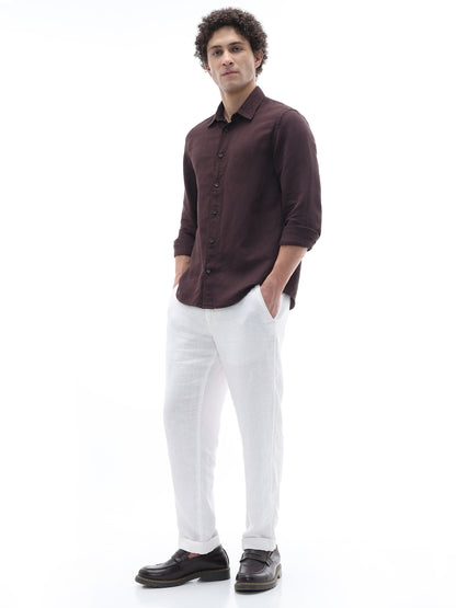 Celio Solid Regular Fit Cotton Linen Blend Brown Shirts