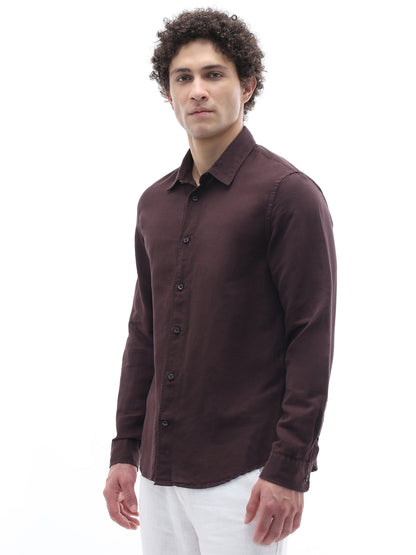 Celio Solid Regular Fit Cotton Linen Blend Brown Shirts