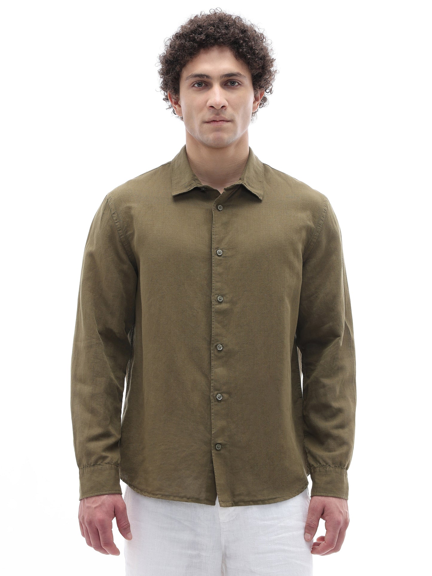 Celio Solid Regular Fit Cotton Linen Blend Olive Shirts
