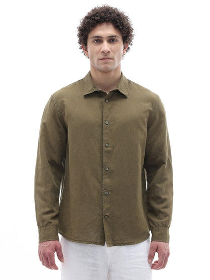Celio Solid Regular Fit Cotton Linen Blend Olive Shirts