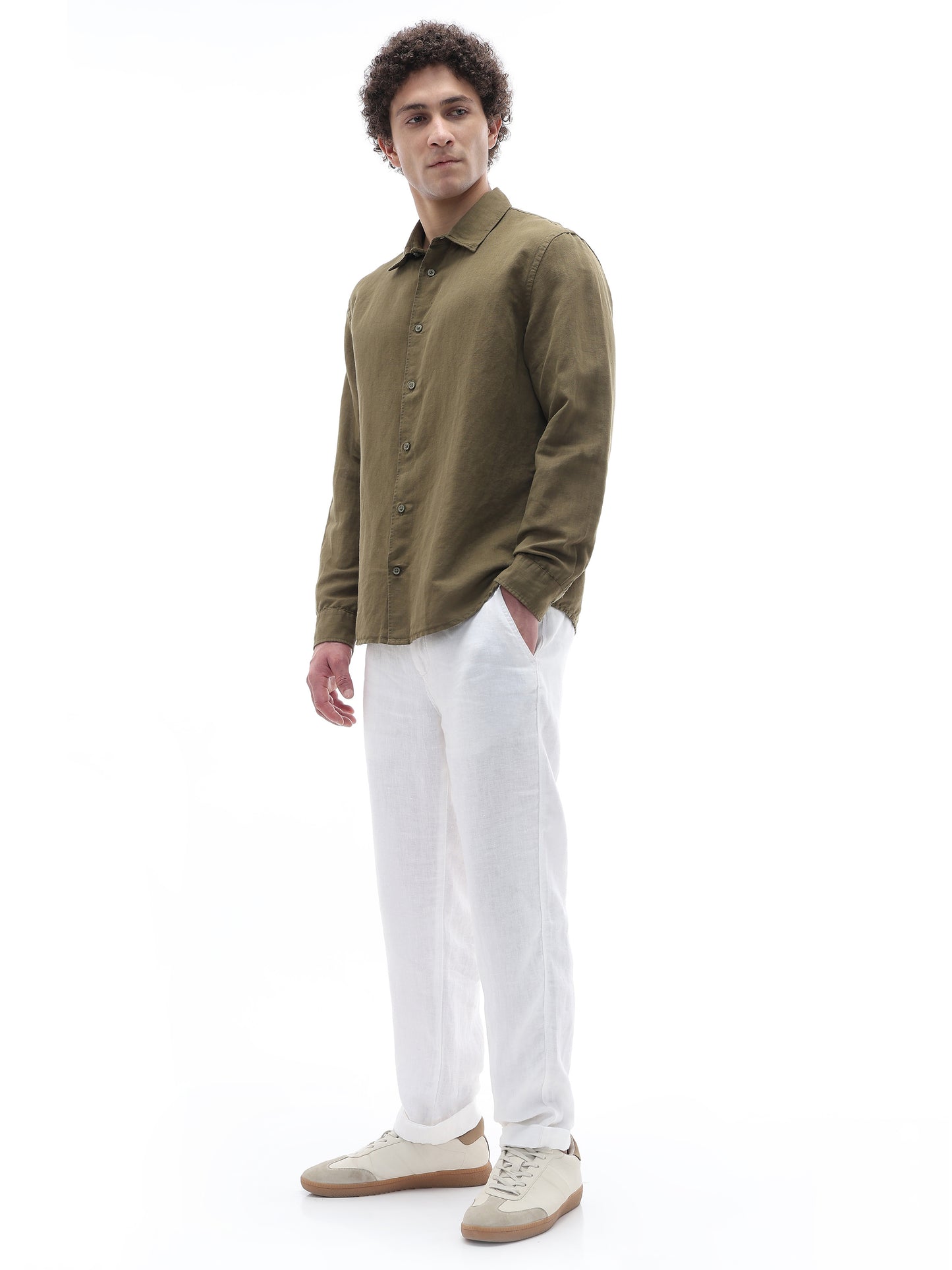Celio Solid Regular Fit Cotton Linen Blend Olive Shirts