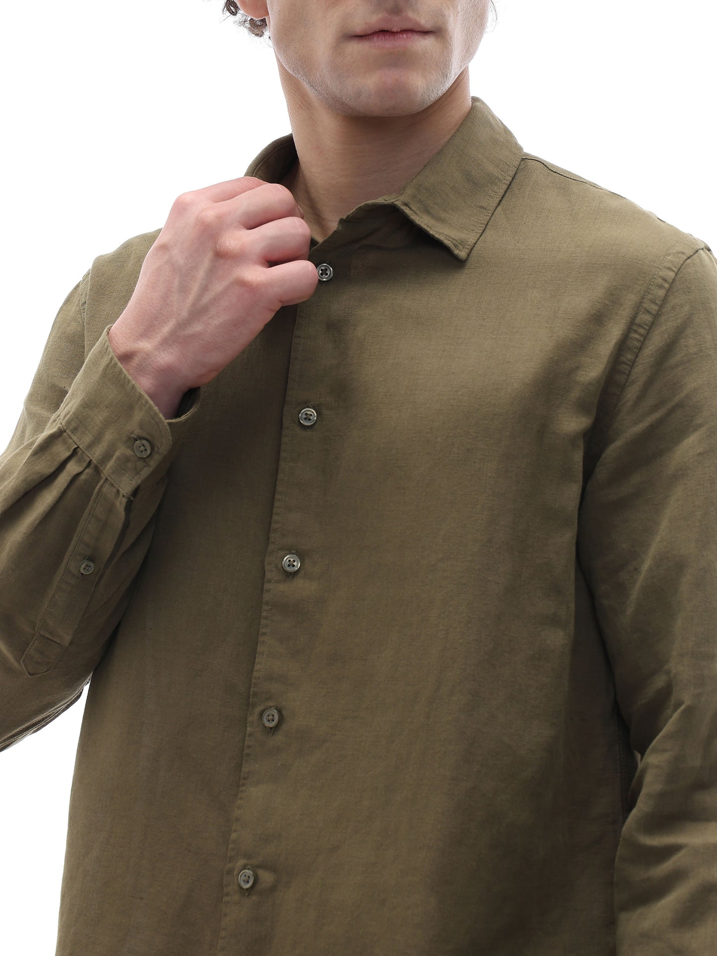 Celio Solid Regular Fit Cotton Linen Blend Olive Shirts
