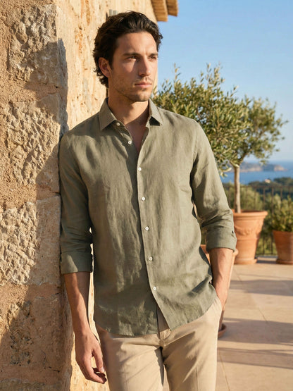 Celio Men Olive Solid Regular Fit Linen Shirts