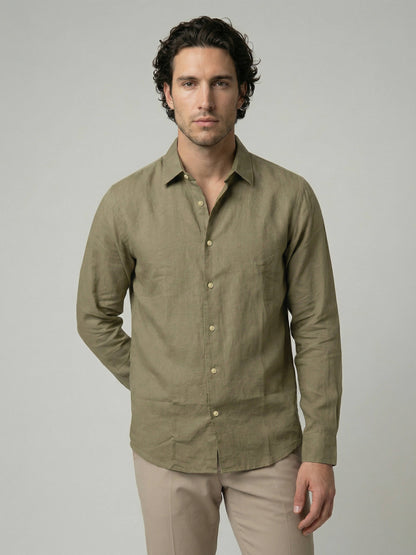 Celio Men Olive Solid Regular Fit Linen Shirts