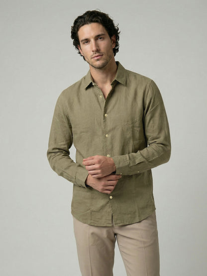 Celio Men Olive Solid Regular Fit Linen Shirts