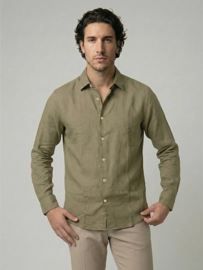 Celio Men Olive Solid Regular Fit Linen Shirts