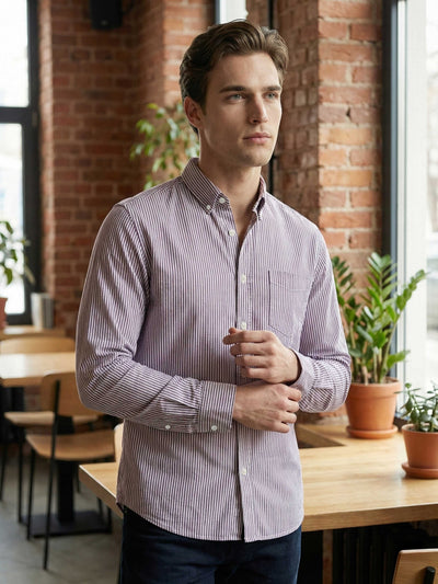 Celio* Men Purple Striped Regular Fit Cotton Shirts