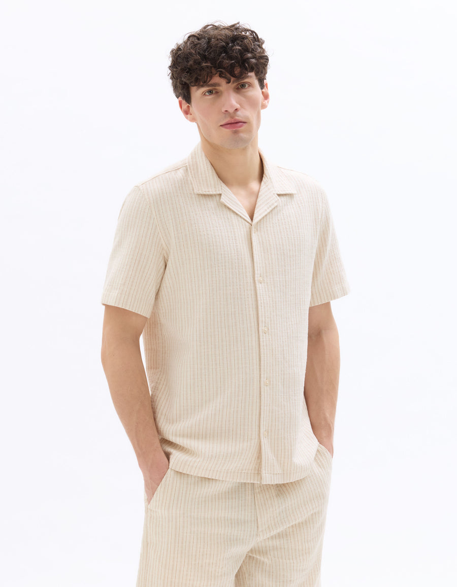 Celio Men Beige Striped Regular Fit Cotton Shirts