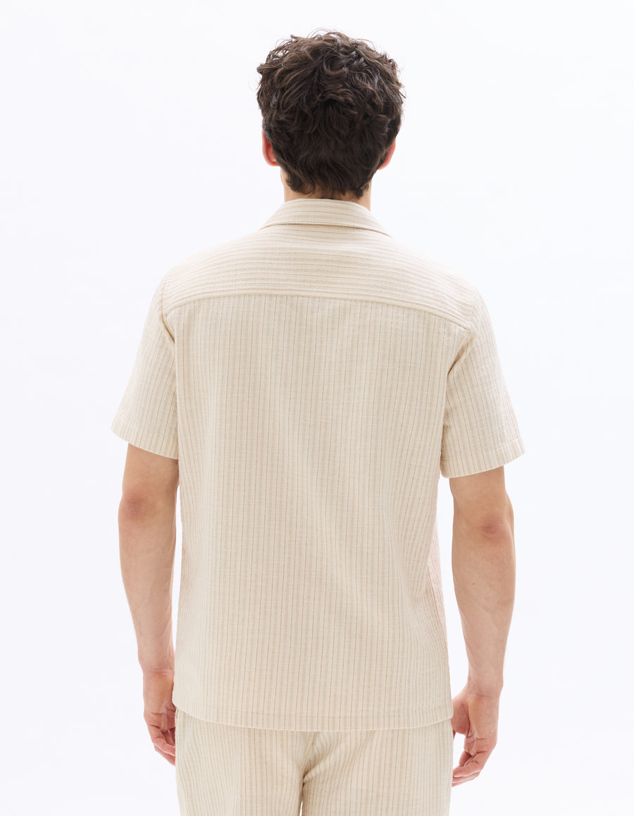 Regular Fit Cotton Blend Striped Cuban Collar Shirt - Ecru