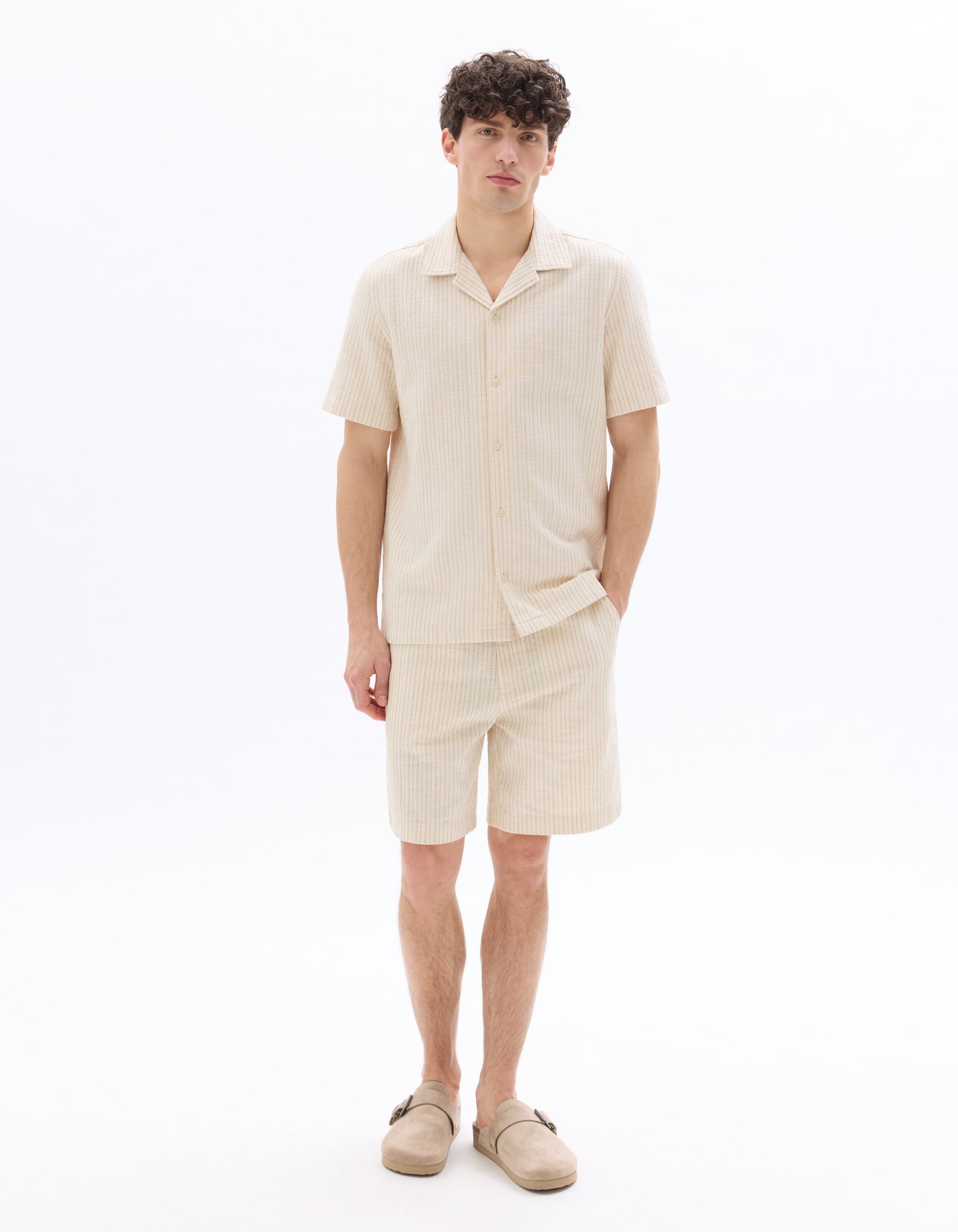 Celio Men Beige Striped Regular Fit Cotton Shirts