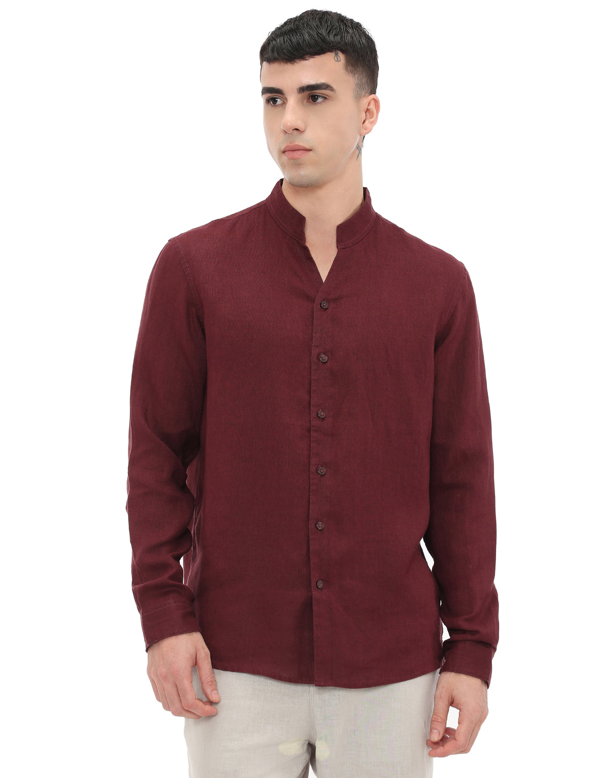 Regular Fit 100% Linen Solid Shirts - Burgundy