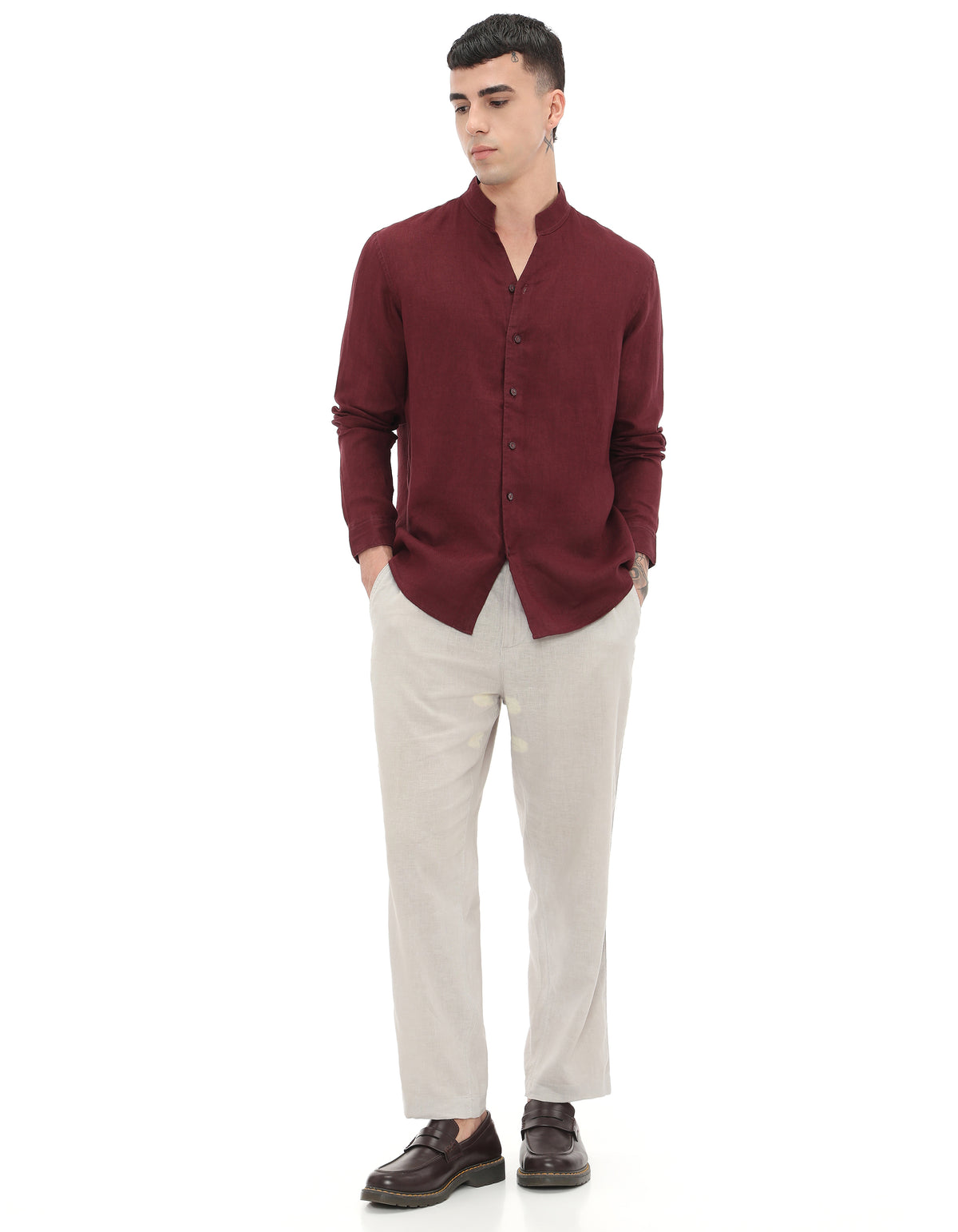 Regular Fit 100% Linen Solid Shirts - Burgundy