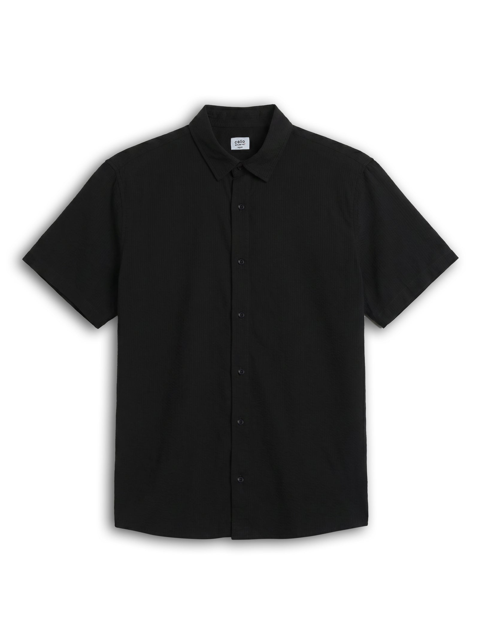 Celio Textured Regular Fit Cotton Black Shirts