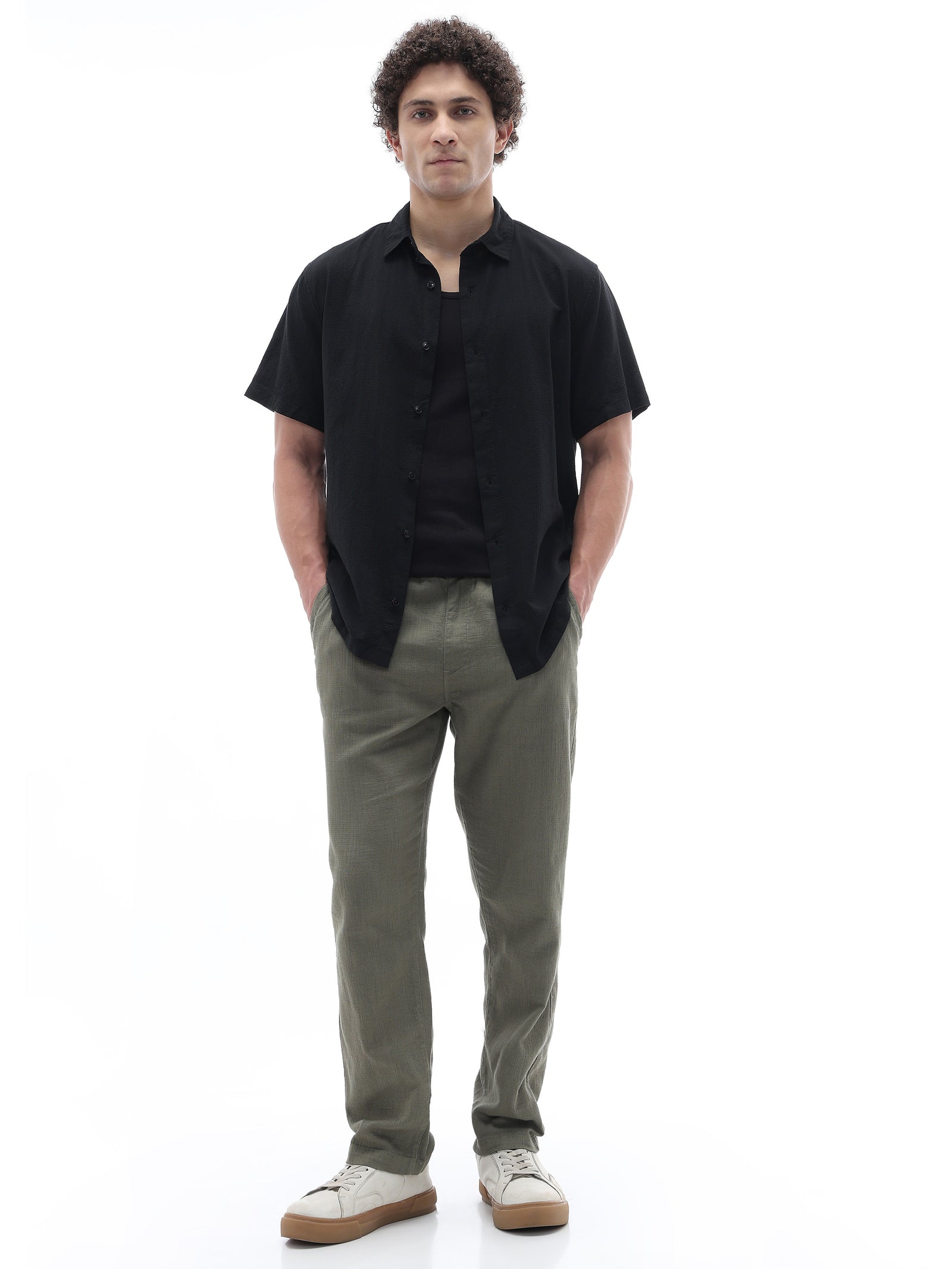 Celio Textured Regular Fit Cotton Black Shirts
