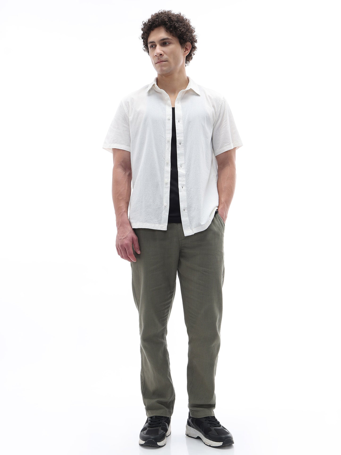 Celio Textured Regular Fit Cotton Off White Shirts