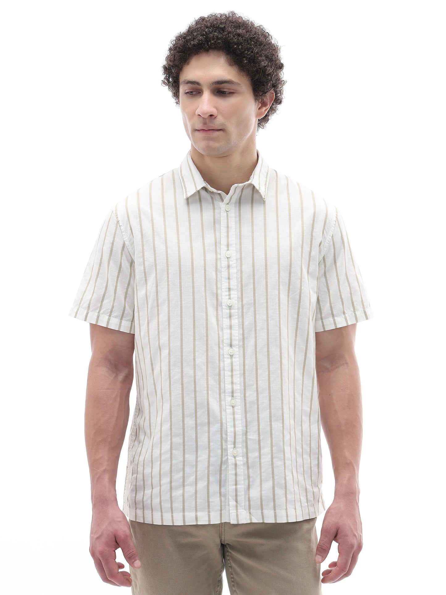 Celio Stripes Regular Fit Cotton Beige Shirts