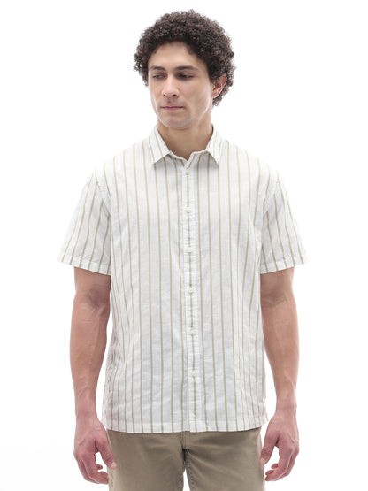 Celio Stripes Regular Fit Cotton Beige Shirts