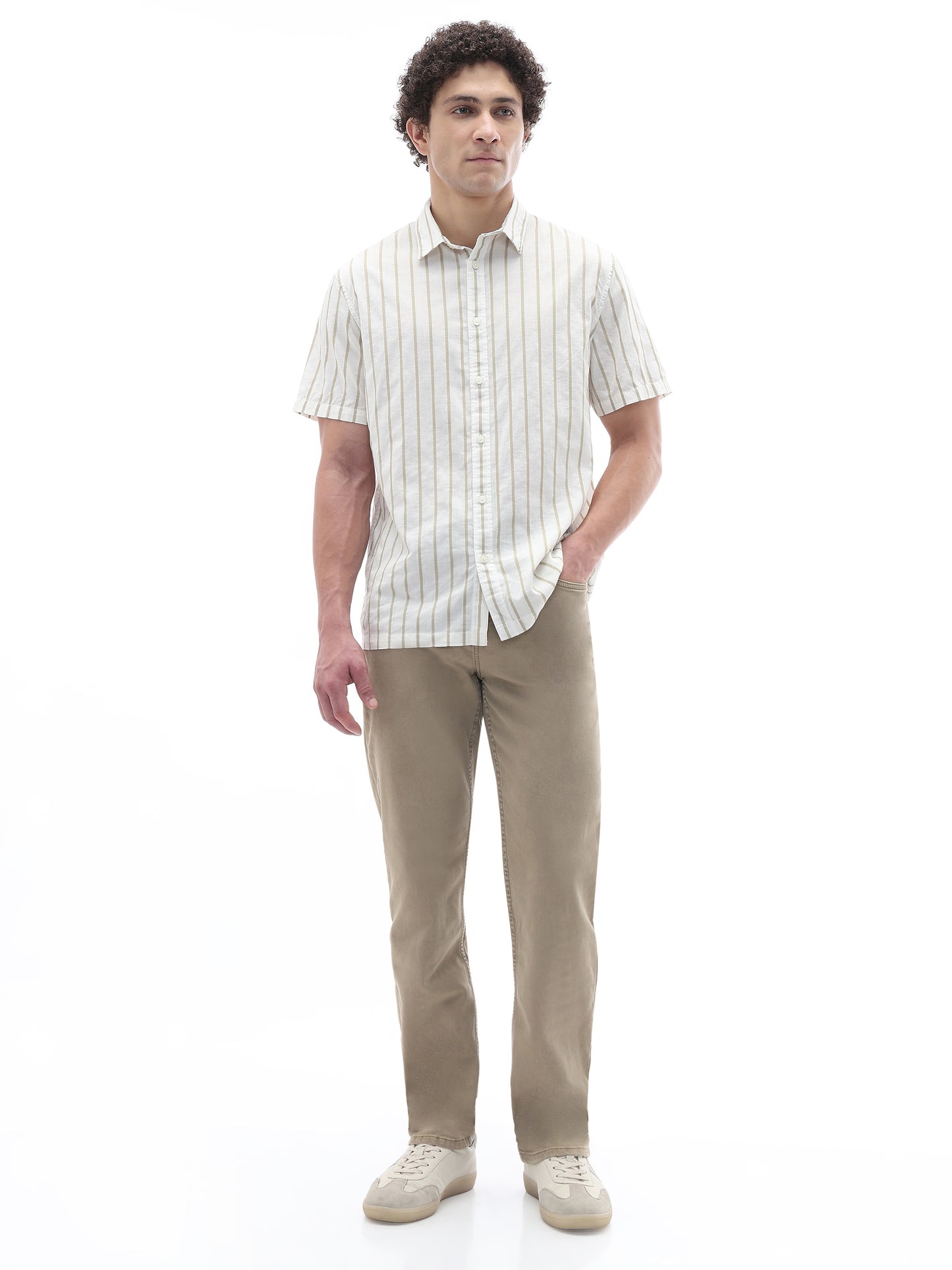 Celio Stripes Regular Fit Cotton Beige Shirts