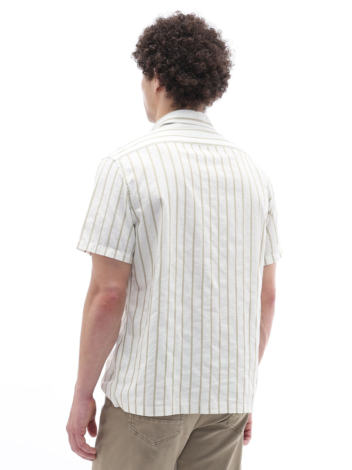 Celio Stripes Regular Fit Cotton Beige Shirts