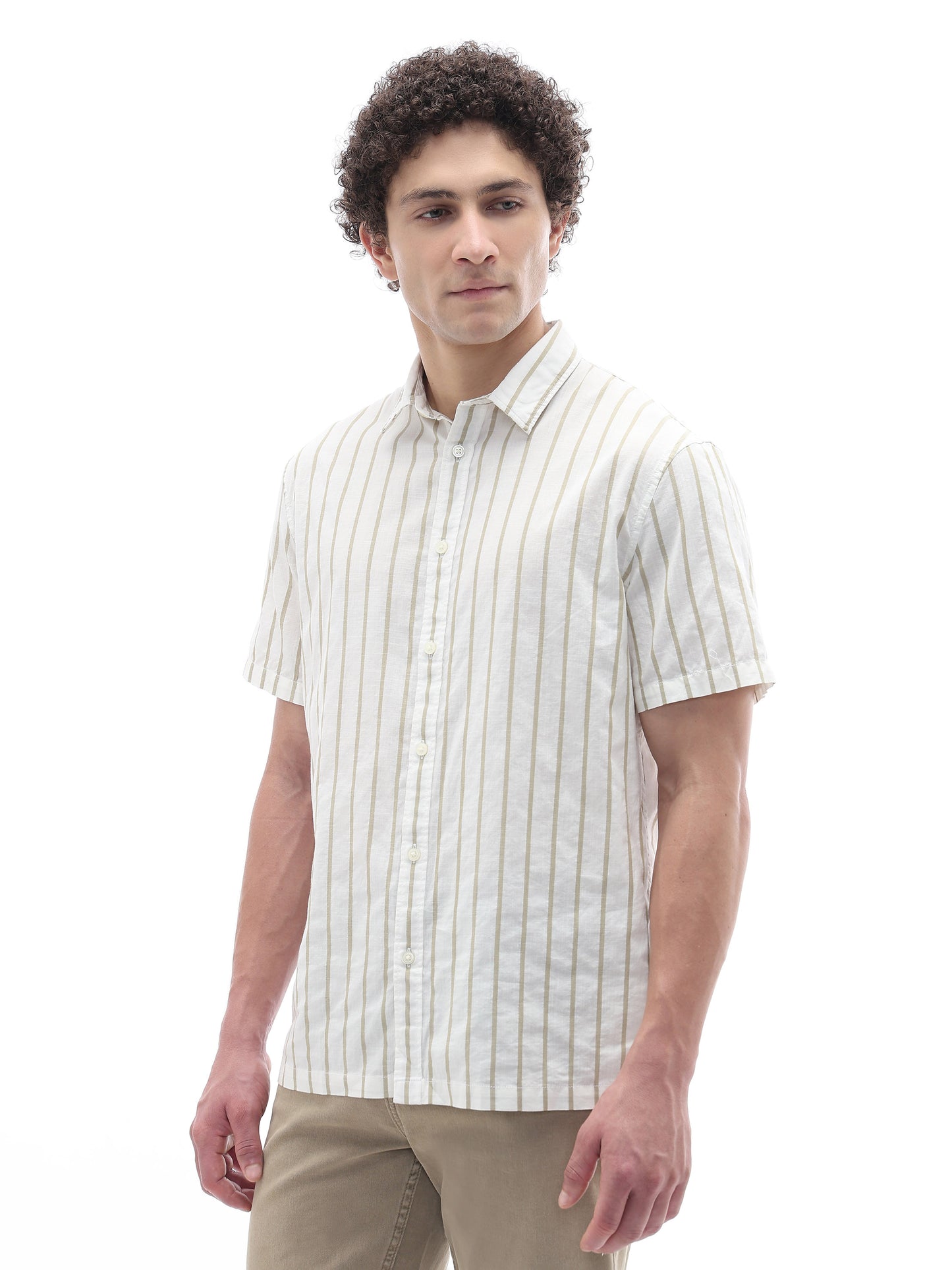 Celio Stripes Regular Fit Cotton Beige Shirts