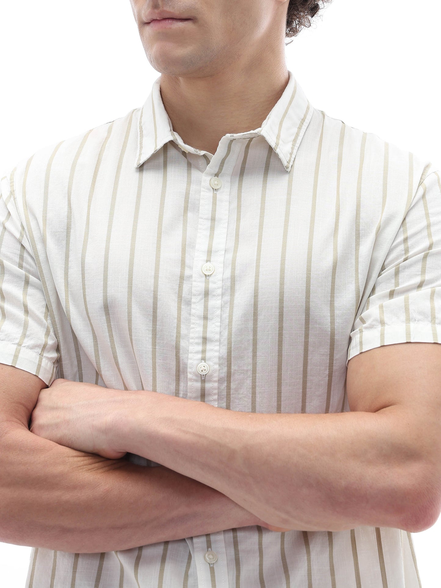 Celio Stripes Regular Fit Cotton Beige Shirts