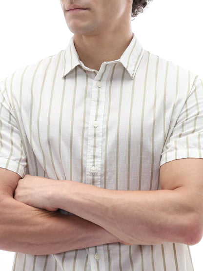 Celio Stripes Regular Fit Cotton Beige Shirts