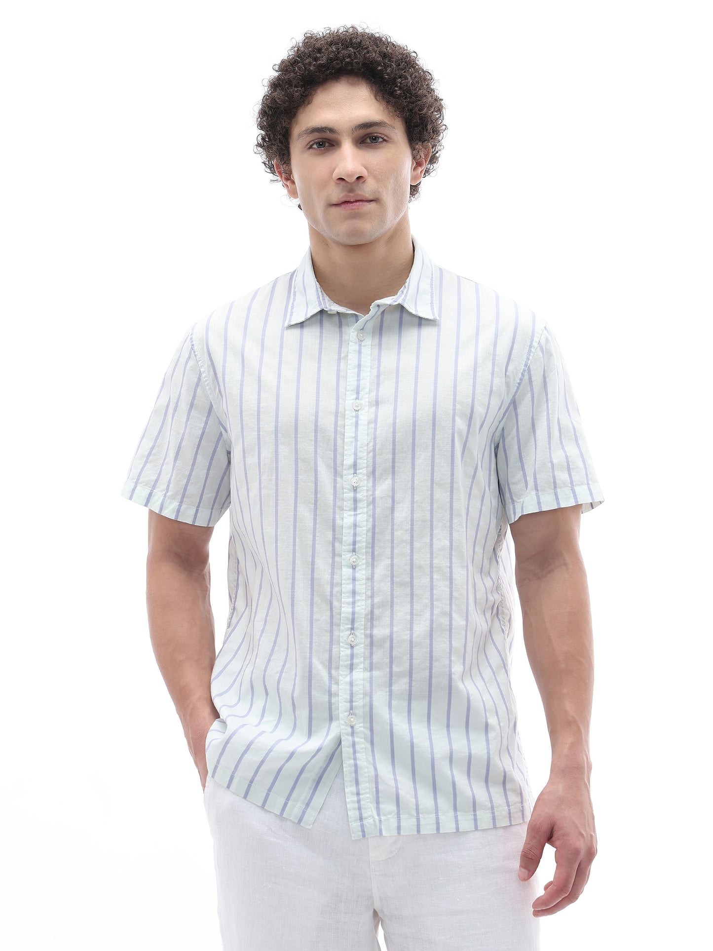 Celio Stripes Regular Fit Cotton Green Shirts