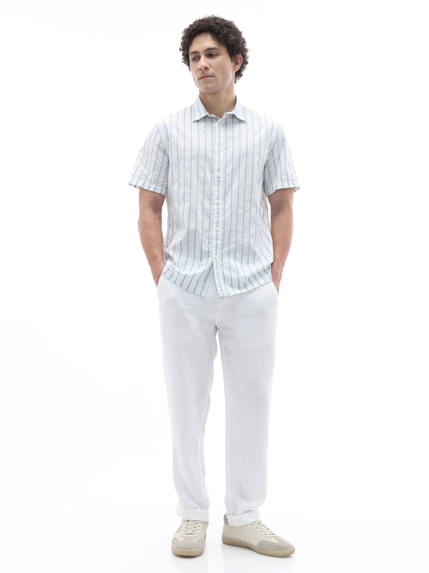 Celio Stripes Regular Fit Cotton Green Shirts