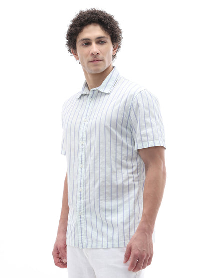 Celio Stripes Regular Fit Cotton Green Shirts