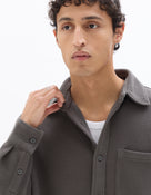 Oversized Fit Cotton Blend Spread Collar Shirt - Khaki