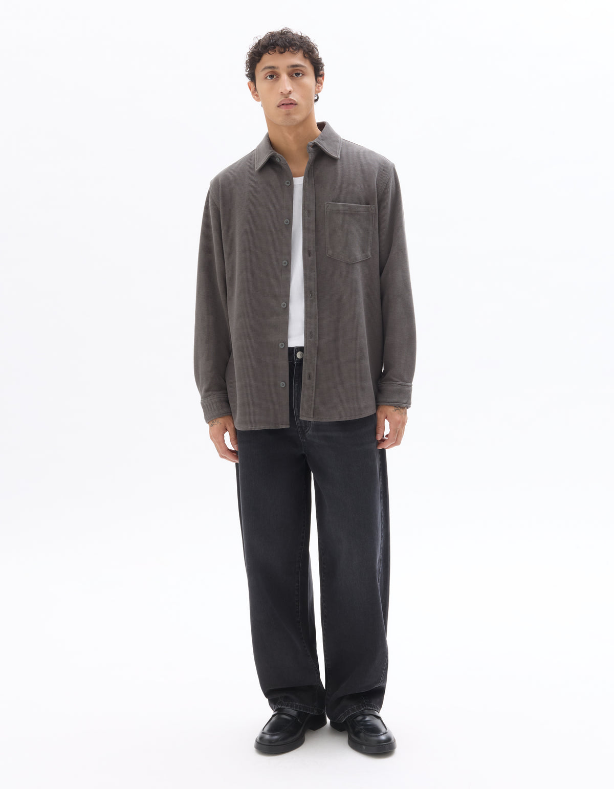 Oversized Fit Cotton Blend Spread Collar Shirt - Khaki
