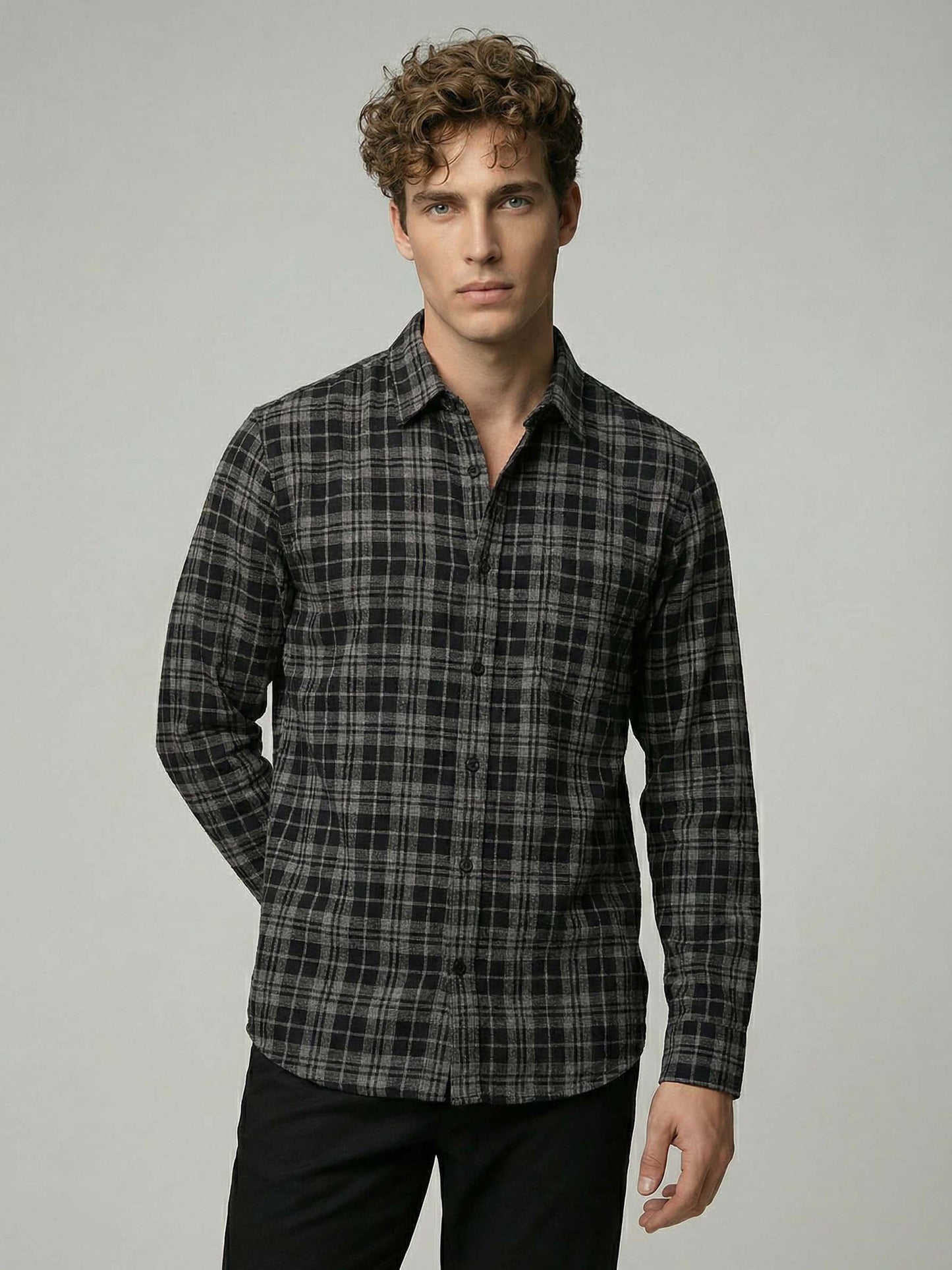 Celio* Men Black Checked Regular Fit Polyester Shirts