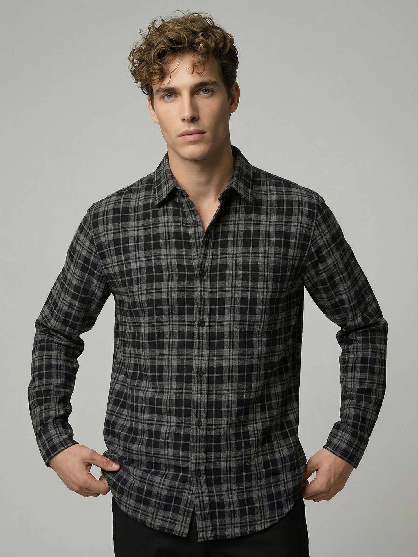 Celio* Men Black Checked Regular Fit Polyester Shirts