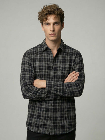 Celio* Men Black Checked Regular Fit Polyester Shirts