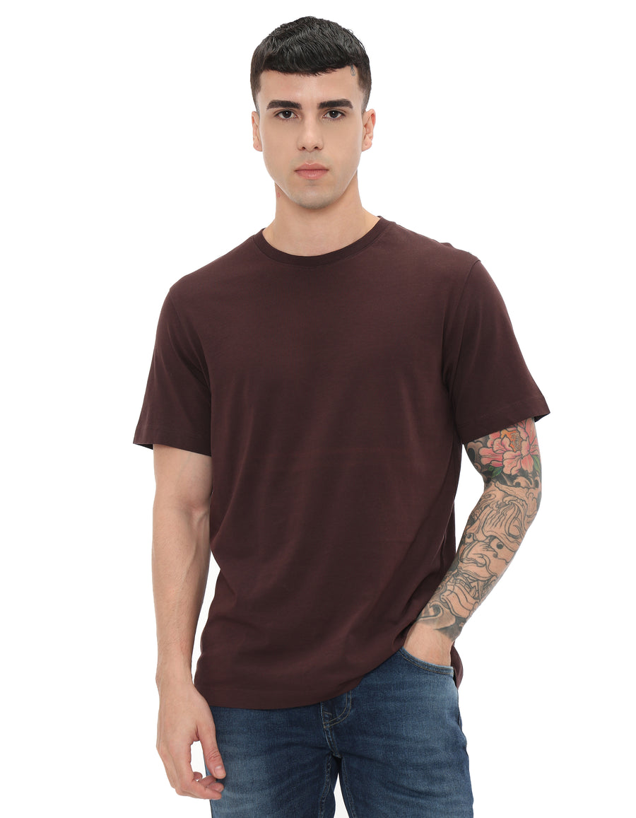 Slim Fit 100% Cotton Solid Tshirts - Brown