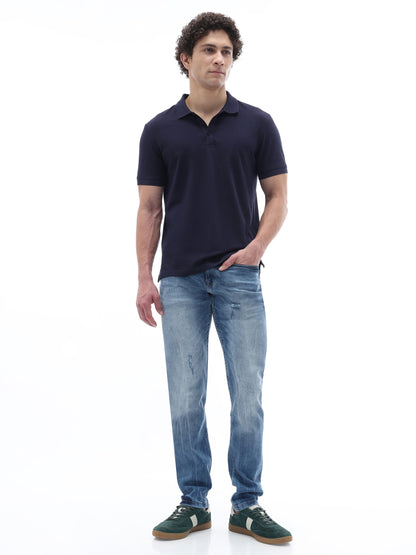 Celio Solid Straight Fit Cotton Navy TShirts