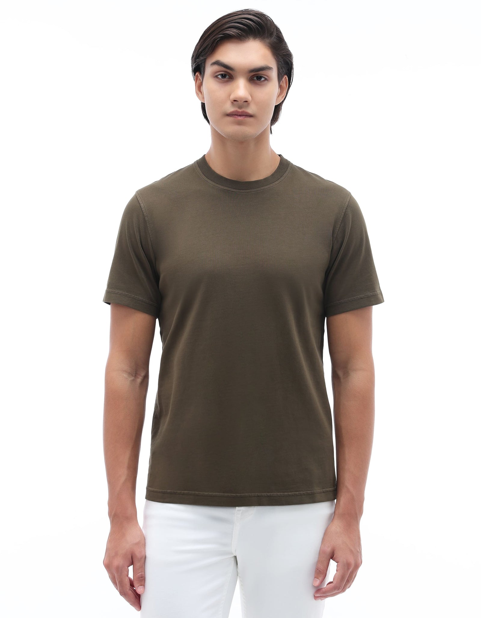 Celio Solid Regular Fit Cotton Olive Tshirts